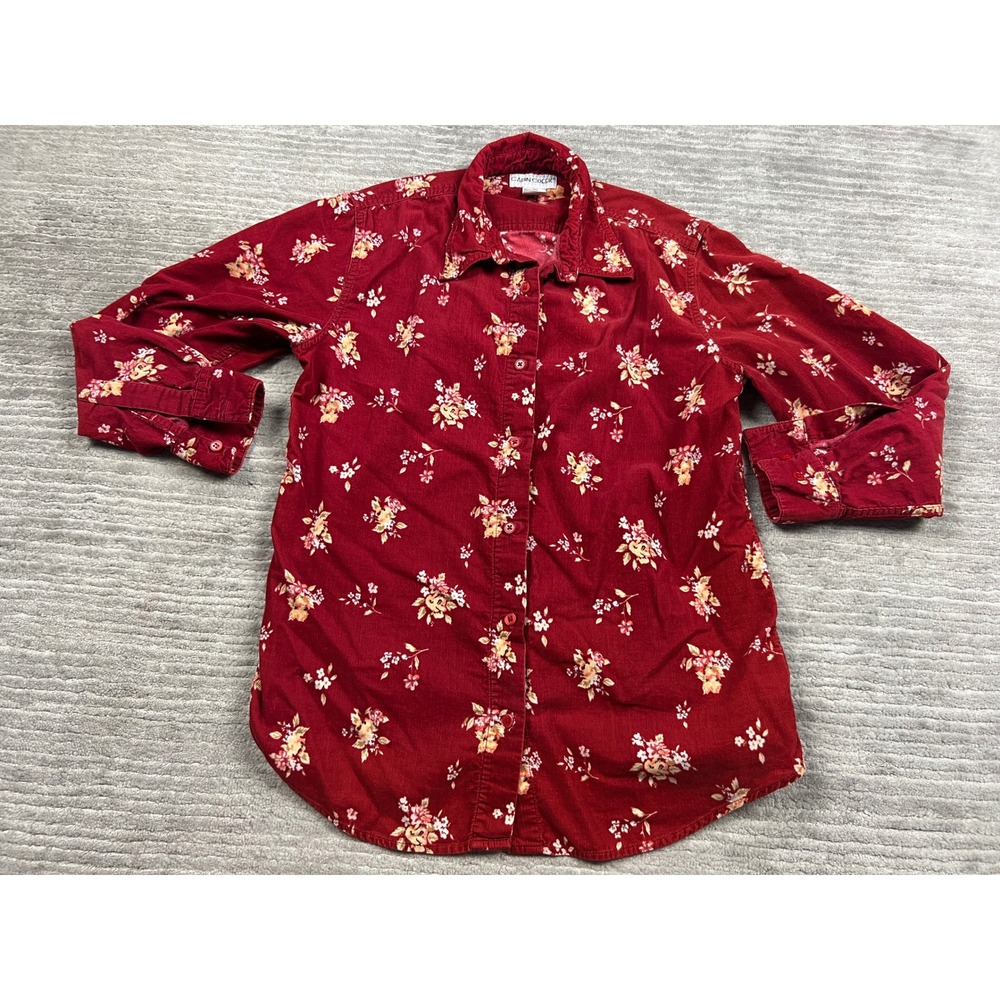 Cabin Creek Shirt Womens Small Red Floral Corduroy Long Sleeve Button Up Top